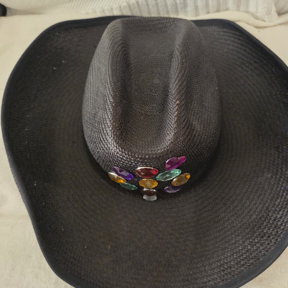 Elegant Black Hat with Colorful Gemstones